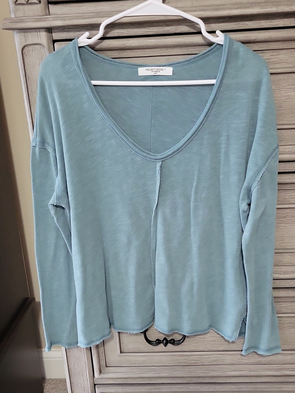 Project Social T Dusty Blue V-Neck Long Sleeve Top